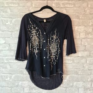 Tiny for Anthropologie sheer navy embroidered top